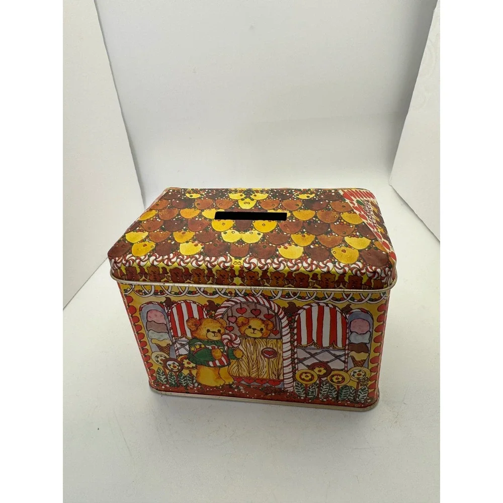Vintage Teddy Bear Cookie Tin Candy House Piggy Bank Collectible Storage Box